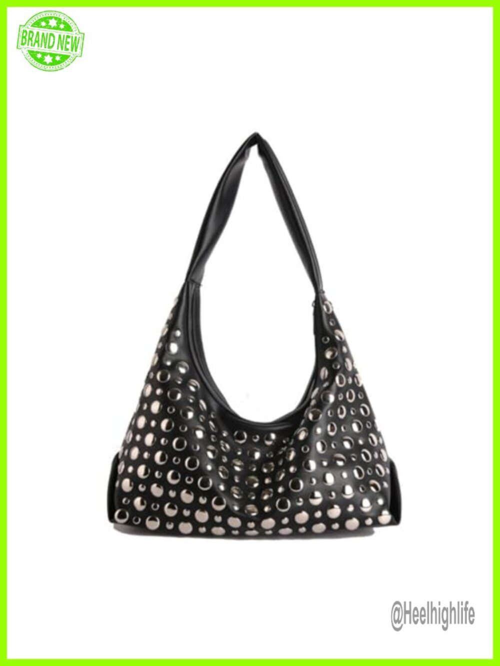 Faux Leather Studded Hobo Shoulder Bag Vegan Casual Purse